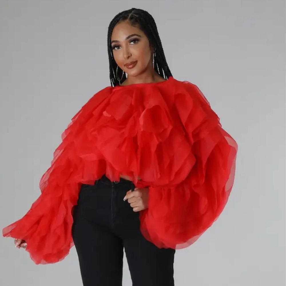 PLUS SIZE RUFFLE TULLE CROP TOP BLOUSE RED - Picture 2 of 7